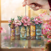 Books and Flowers Acrylic Suncatcher, Stained Glass Style Vintage Bookshelf with Pink Peonies, Literary Window Hanging Home Decor Gift